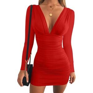 Gobles Womens Small Long Sleeve Deep V Ruched Bodycon Cocktail Mini Dress
